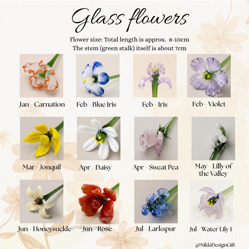 May include: A selection of glass flowers in various colours and designs, including carnation, blue iris, iris, violet, jonquil, daisy, sweat pea, lily of the valley, honeysuckle, rose, larkspur, and water lily. Total length is approx. 8-10cm.
