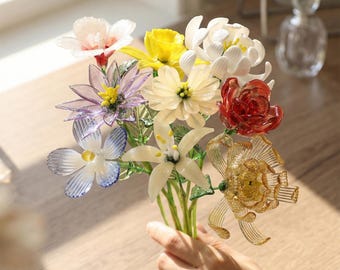 Hand Blown Glass Birth Flowers, Everlasting Floral Decoration, Mom Birthday Gift
