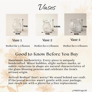 May include: Three clear glass vases are shown, with dimensions in cm. Vase 1 is 5cm wide and 7cm tall, Vase 2 is 7cm wide and 8.5cm tall, and Vase 3 is 8cm wide and 7cm tall. The word "Vases" is at the top of the image.