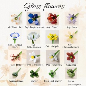 May include: A selection of glass flowers in various colours and designs, including a water lily, forget-me-not, poppy, aster, morning glory, white cosmos, marigold, chrysanthemum, holly, narcissus, gardenia, banana leaves, clover, four-leaf clover, and lotus. The text "Glass flowers" is at the top.