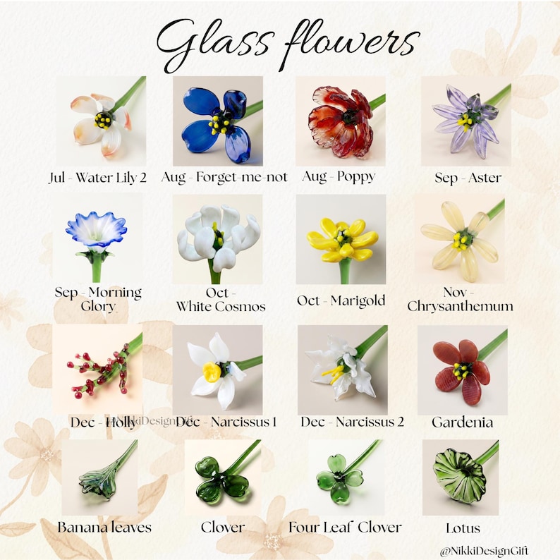 May include: A selection of glass flowers in various colours and designs, including a water lily, forget-me-not, poppy, aster, morning glory, white cosmos, marigold, chrysanthemum, holly, narcissus, gardenia, banana leaves, clover, four-leaf clover, and lotus. The text "Glass flowers" is at the top.