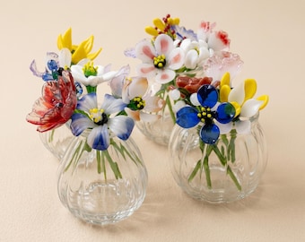 Mini Glass Flower Bouquet in a Clear Bud Vase for Desk Decor, Gift for Mother
