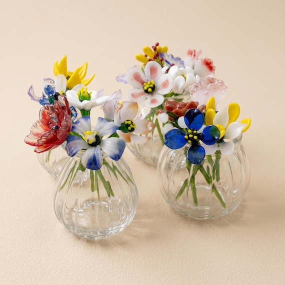 Mini Glass Flower Bouquet in a Clear Bud Vase for Desk Decor, Gift for Mother
