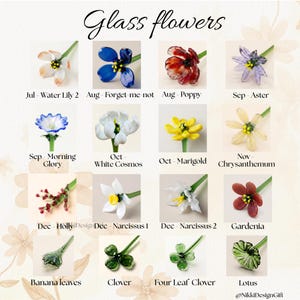 May include: A selection of glass flowers in various colours and designs, including a water lily, forget-me-not, poppy, aster, morning glory, white cosmos, marigold, chrysanthemum, holly, narcissus, gardenia, banana leaves, clover, four-leaf clover, and lotus. The text "Glass flowers" is at the top.