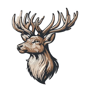 May include: A detailed illustration of a deer's head and antlers. The artwork features a brown and black color scheme with intricate line work, showcasing the deer's profile against a white background. The antlers are prominent, and the fur is detailed.