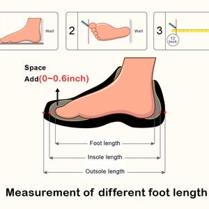 May include: Diagram illustrating how to measure foot length for shoe sizing. Includes steps for measuring against a wall, and adding space (0-0.6 inches). Shows foot, insole, and outsole length measurements. Text: Measurement of different foot length.