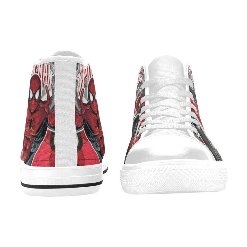 May include: A pair of high-top canvas sneakers featuring a red and black Spider-Man comic book graphic print. The shoes have white laces, white rubber toe caps, and white rubber soles with a thin black stripe running along the side of the base.