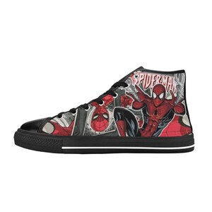 May include: A high-top sneaker featuring a red and black comic book graphic print of Spider-Man. The shoe has black laces, a black toe cap, and a black sole with a white stripe. The word SPIDER-MAN is printed in white text at the top.