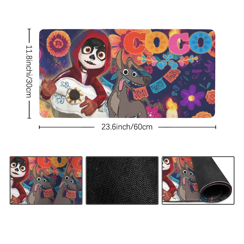 May include: Rectangular doormat featuring a colorful illustration from the movie "Coco." The design includes a character playing a guitar, a dog, and the word "COCO" in vibrant letters. The mat measures 23.6 inches long and 11.8 inches wide.