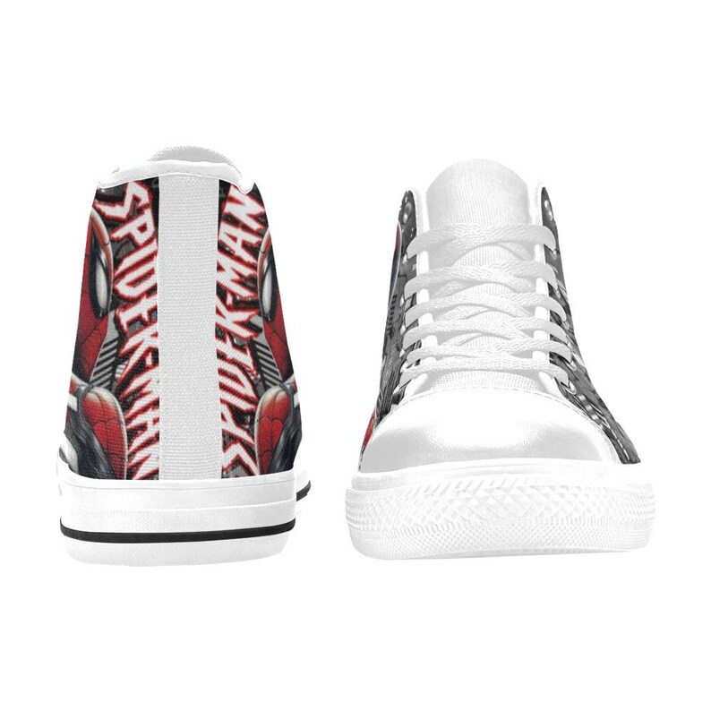 May include: High-top canvas sneakers featuring a Spider-Man design. The sneakers have a white rubber sole and laces, with the Spider-Man logo and character art on the sides. The color scheme includes red, black, and white.
