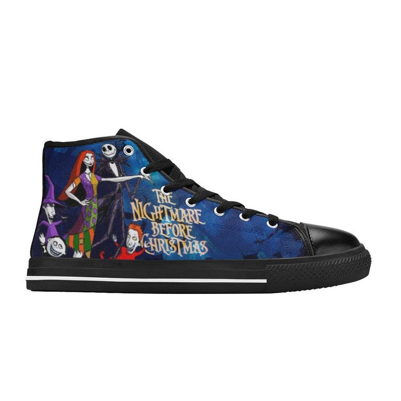 May include: A high-top sneaker featuring a blue background with a graphic print of characters from The Nightmare Before Christmas, including Jack Skellington and Sally. The shoe has black laces, a black toe cap, and a black sole with a white stripe.