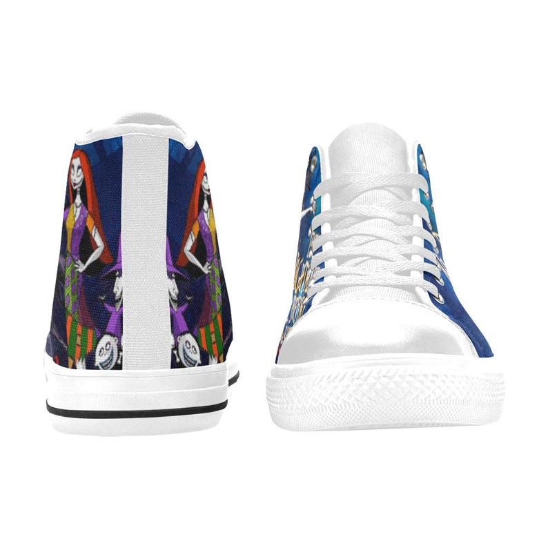 May include: High-top sneakers featuring a white rubber toe cap, white laces, and a white sole with a thin black stripe. The side panels display a colorful graphic print of a female character with long red hair and a purple and green dress.