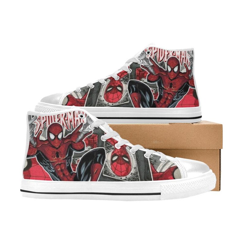 May include: High-top sneakers featuring a red and black comic book print of Spider-Man. The shoes have white laces, white rubber toe caps, and white soles with a black stripe. The word SPIDER-MAN is printed in red on the side of the canvas.