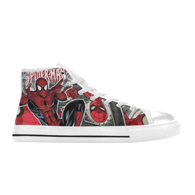 May include: A high-top sneaker featuring a red and black comic book graphic of Spider-Man with the text Spider-Man printed at the top. The shoe has white laces, a white rubber toe cap, and a white sole with a thin black stripe along the side.