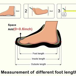 May include: An instructional diagram titled Measurement of different foot length showing three steps to measure a foot against a wall. It includes a side view of a foot inside a shoe outline with labels for foot, insole, and outsole length, plus a note to add 0 to 1.5 cm of space.