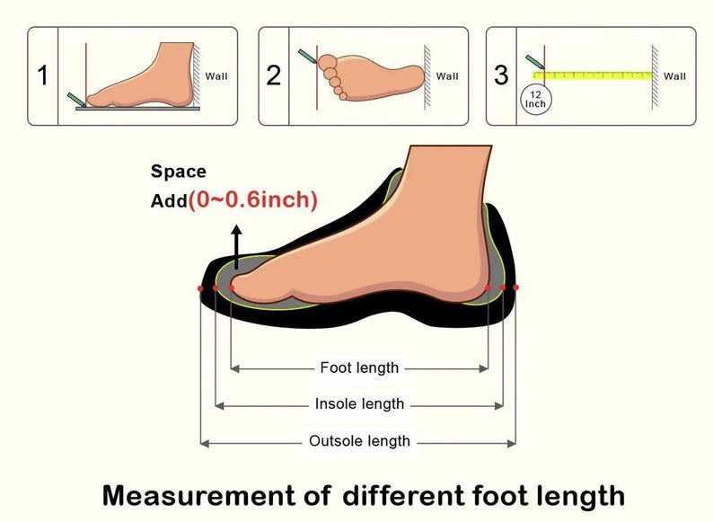 May include: An instructional diagram titled Measurement of different foot length showing three steps to measure a foot against a wall. It includes a side view of a foot inside a shoe outline with labels for foot, insole, and outsole length, plus a note to add 0 to 1.5 cm of space.
