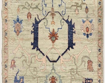 Alfombra Oushak anudada a mano, color beige neutro y azul, estilo turco vintage, alfombra de lana tribal moderna, alfombra para sala de estar, tamaño personalizado.