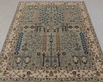 Hand Knotted Wool Rug, Vintage Floral Area Rug, Blue Beige Persian Style Carpet, Traditional Handmade Rug, Living Room & Bedroom Decor