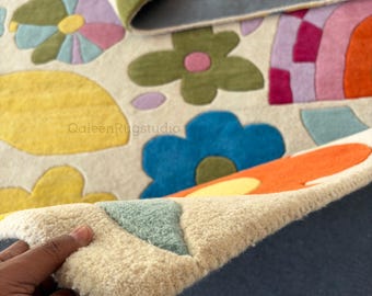 Colorful Floral Rainbow Rug, Hand Tufted Wool Area Rug, Kids Room Rug, Modern Boho Carpet, Funky Flower Rug, Custom Size Nursery Decor