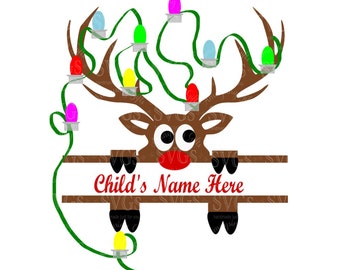 SVG - Reindeer Peeking Split with Lights - Christmas - Holiday - Tangled in the lights - Monogram - Santa - Rudolph - Reindeer Split