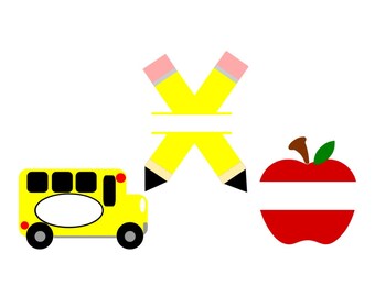 SVG - Back to School Set - DXF - School - Apple - Pencil - School Bus - Monogram - Pencil Split SVG - Apple Split - School Design