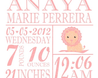 SVG - Baby Girl Lion Birth Stats Tile Design - Lion - Baby - Birth Stats Tile - Birth Stats - Birthdate - New Baby - Baby Gift - Baby Girl