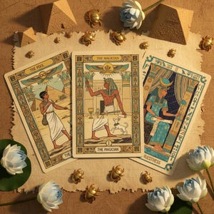Può includere: Tre carte dei tarocchi con illustrazioni a tema egizio, tra cui "Il Matto" e "Il Mago". Le carte sono circondate da scarabei dorati, piramidi in miniatura e fiori blu e bianchi, il tutto disposto su una superficie simile a pergamena.