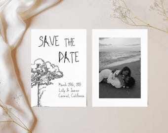 Invito di nozze "Save the Date" a Carmel, modificabile, fronte-retro, con foto, stile moderno e fantasioso.