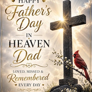 May include: A memorial print featuring a dark stone cross set against a bright, sunlit sky. A vibrant red cardinal perches on a flowering branch extending from the cross. The text reads: Happy Father's Day IN HEAVEN Dad LOVED, MISSED & REMEMBERED EVERY DAY.
