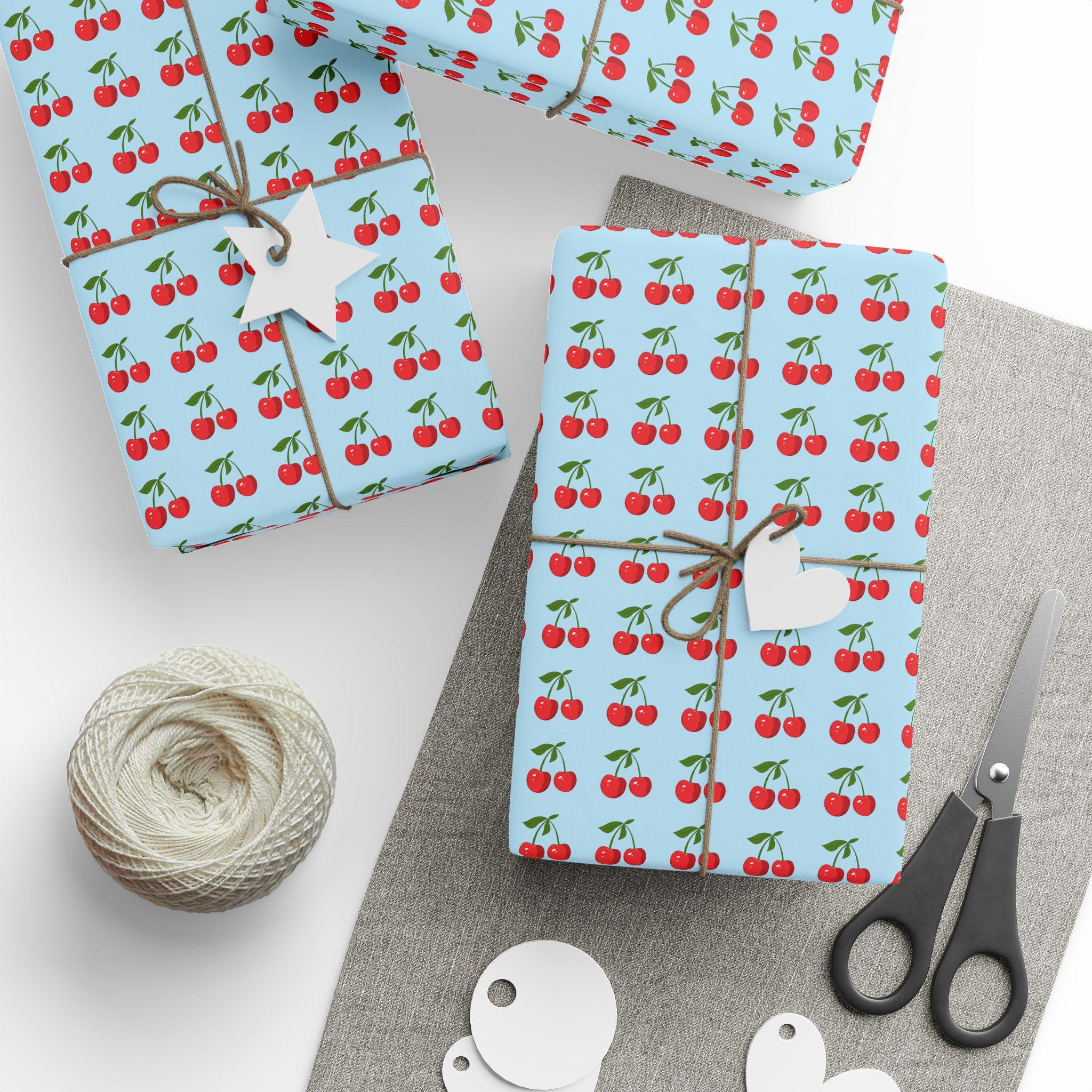 Retro Cherry Pattern Wrapping Paper | Blue Background Gift Wrap - Etsy