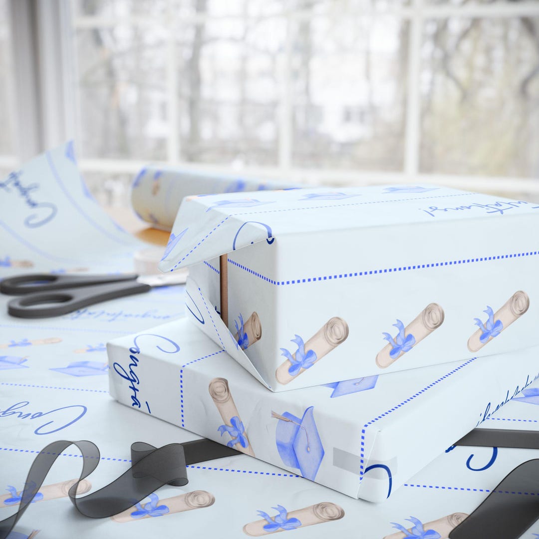 Blue Graduation Cap Wrapping Paper | Graduation Gift Wrap - Etsy