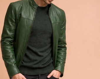 Grüne Lammfell-Leder Cafe Racer-Jacke für Herren Slim Fit Biker Motorrad-Oberbekleidung