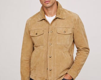 Herren Beige Wildleder Shirt Jacke Trucker Fit Casual Biker Oberbekleidung