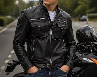 Schwarze Lammfell-Leder Cafe Racer-Jacke für Herren Slim Fit Motorrad-Biker-Oberbekleidung