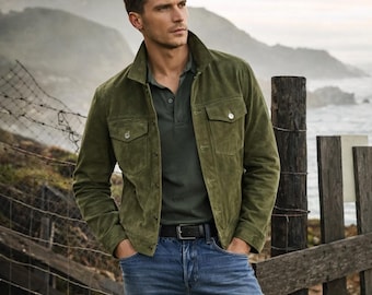 Herren Grün Wildleder Shirt Jacke Trucker Fit Casual Biker Oberbekleidung
