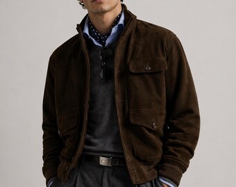 Herren Braun Wildleder Bomberjacke Casual Biker Mantel Klassische Oberbekleidung