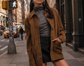 Damen Braun Wildleder Jacke Oversized Fit Casual Biker Shirt Mantel Oberbekleidung
