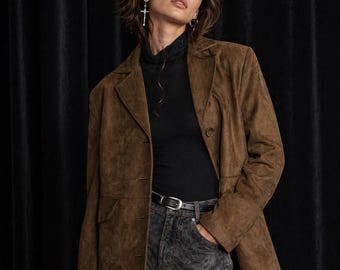Damen Olivgrün Wildleder Trucker-Jacke Übergroßes Shirt Fit Casual Biker Oberbekleidung