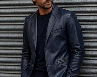 Herren Blau Lammfell Leder Blazer Zwei Knöpfe Formelle Casual Anzug Mantel