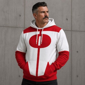 Könnte beinhalten: Ein weißer Kapuzenpullover mit roten Akzenten und einem großen roten ovalen Design auf der Vorderseite. Die Ärmel und die Tasche sind rot. Das Design ist ein stilisiertes Symbol.