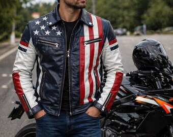 Herren American Flagge Leder Biker Jacke USA Rindsleder Motorrad Flagge