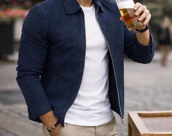 Herren Navy Blau Wildleder Cafe Racer Jacke Slim Fit Biker Motorrad Oberbekleidung