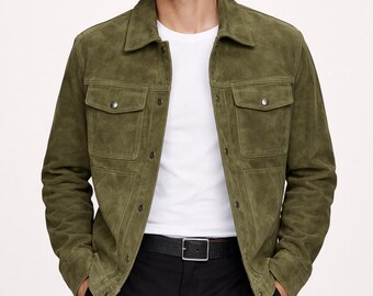 Herren Grüne Wildleder Trucker Jacke Shirt Fit Casual Biker Oberbekleidung