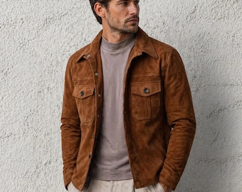 Herren Braun Wildleder Trucker Jacke Button Shirt Lässige Biker Oberbekleidung