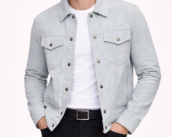 Herren Blau Wildleder Trucker Shirt Jacke Lässige Biker Oberbekleidung