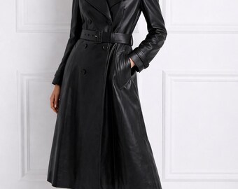 Damen Schwarz Lammfell Leder Trenchcoat Lange Mantel Winter Oberbekleidung