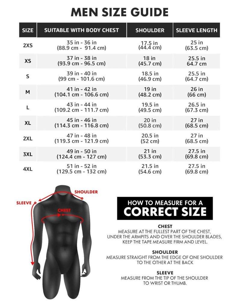 Puede incluir: Gu&iacute;a de tallas de ropa para hombre, con medidas de pecho, hombros y mangas en pulgadas y cent&iacute;metros. Incluye un diagrama para medir correctamente.