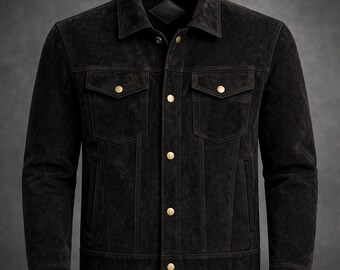 Herren Schwarz Wildleder Trucker Shirt Jacke Lässige Biker Oberbekleidung