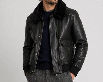 Herren Black Lammfell Leder Bomberjacke Klassische Casual Biker Flugoberbekleidung