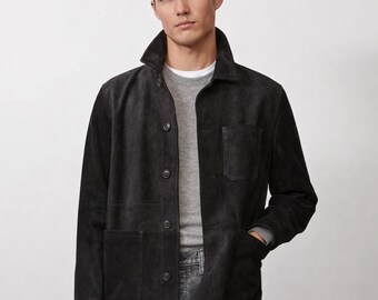 Herren Marineblau Wildleder Feldjacke Gebrauchsmantel Lässige Biker Oberbekleidung